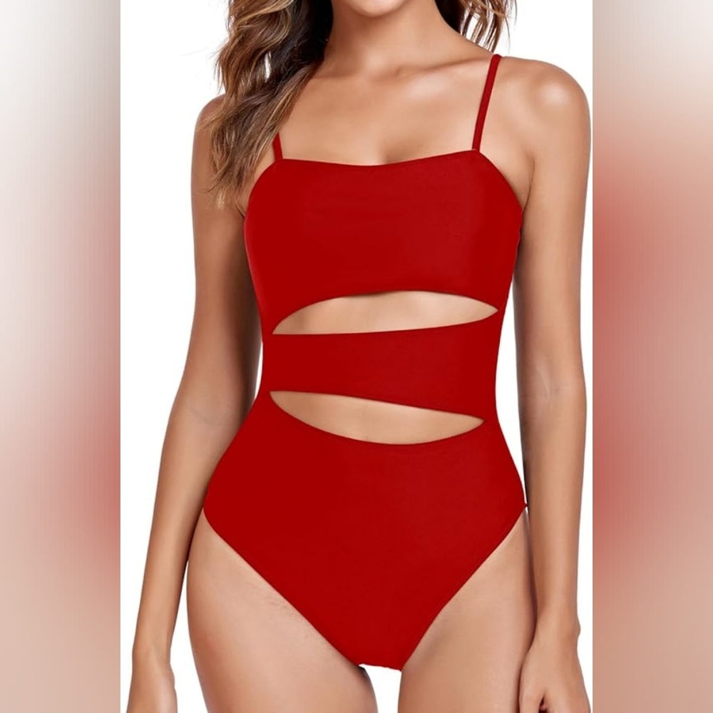 RELLECIGA Geometric Cutout Bathing Suits Adjustable Straps Bandeau One Piece, L